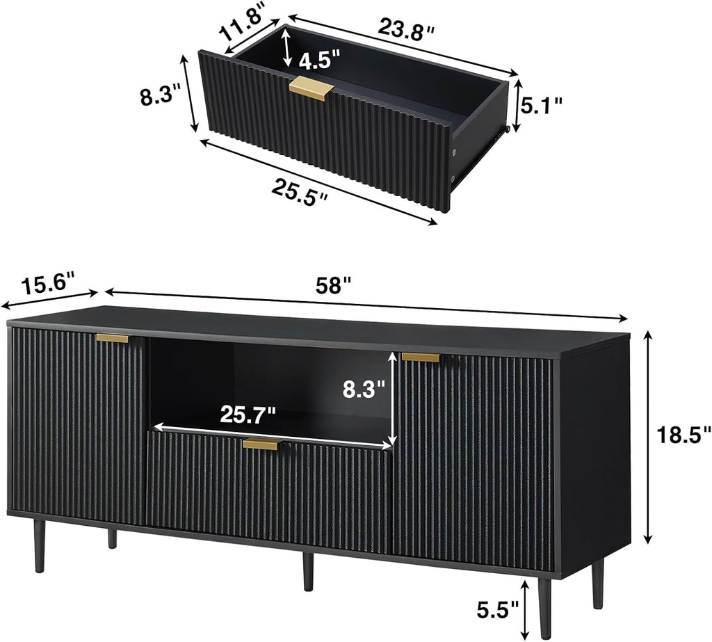 65 Inch Black Walnut Satin TV Stand With Hidden Drawers