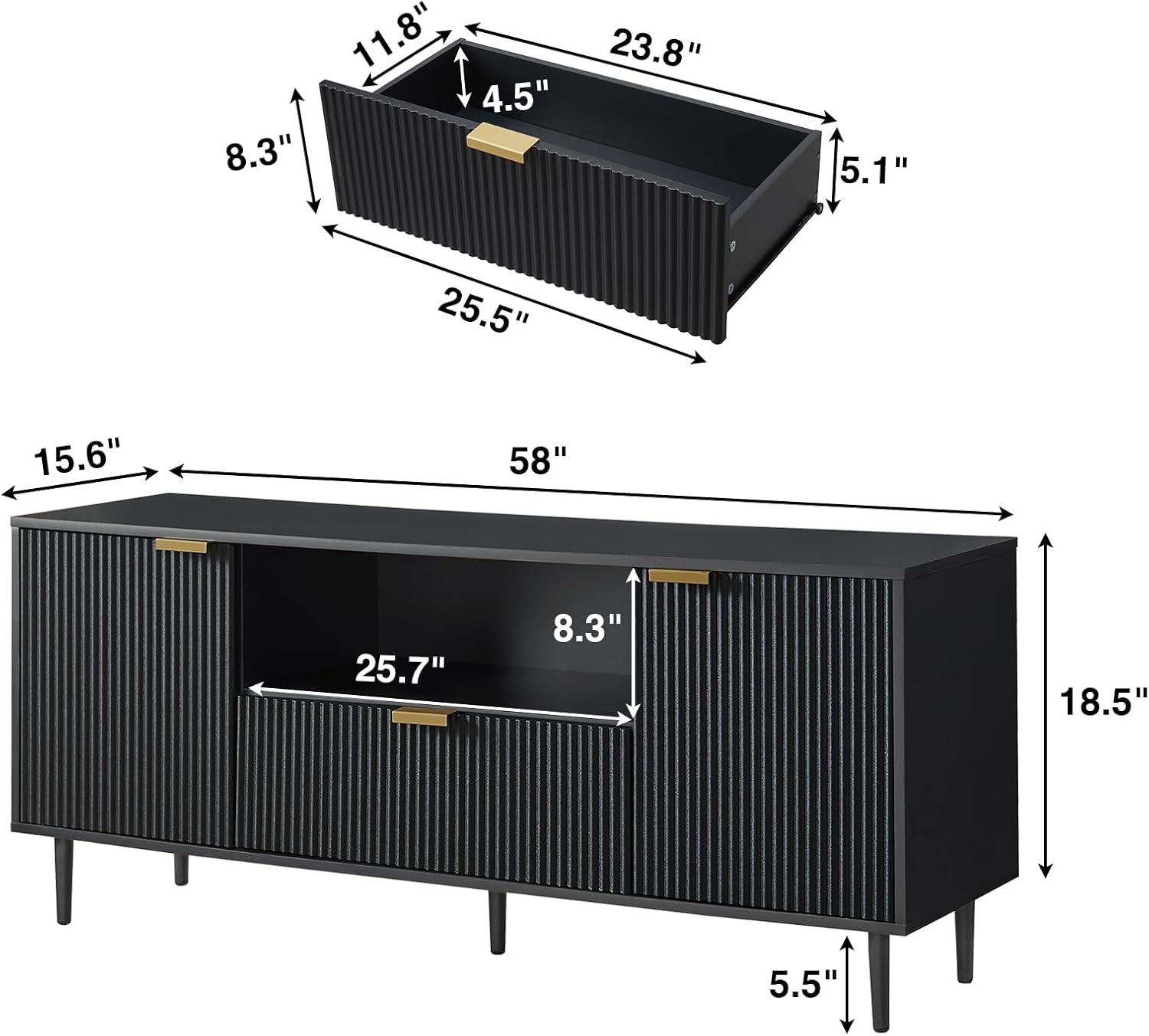65 Inch Black Walnut Satin TV Stand With Hidden Drawers