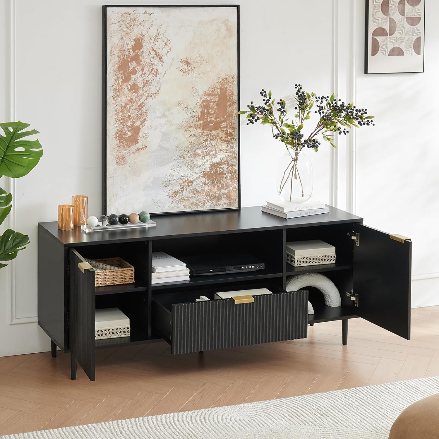 65 Inch Black Walnut Satin TV Stand With Hidden Drawers
