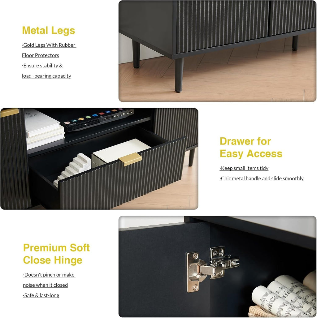 65 Inch Black Walnut Satin TV Stand With Hidden Drawers