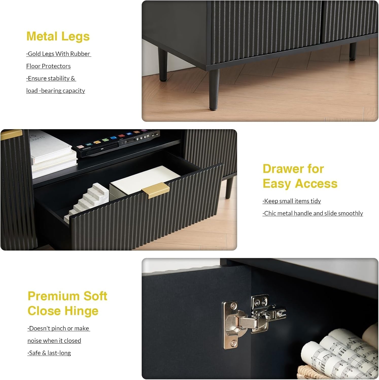 65 Inch Black Walnut Satin TV Stand With Hidden Drawers