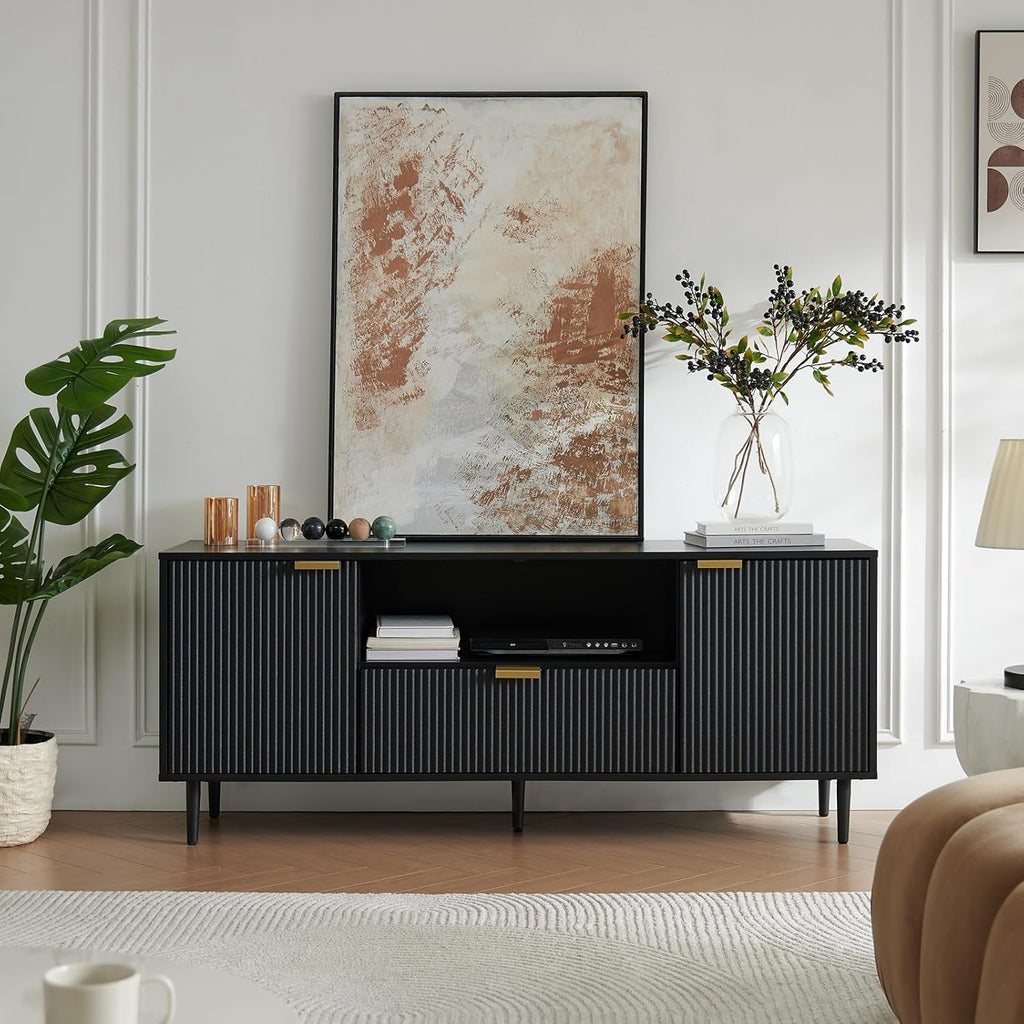 65 Inch Black Walnut Satin TV Stand With Hidden Drawers