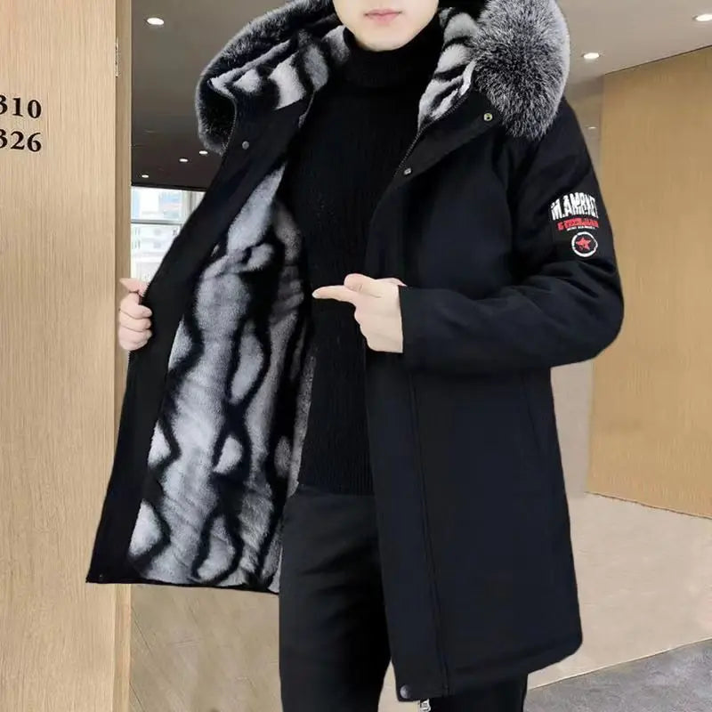 Cotton-Padded Coat Winter Jacket Men's Parkas ashionable Mid-Length Thickened Jacket Brand Letter Print Fur collar