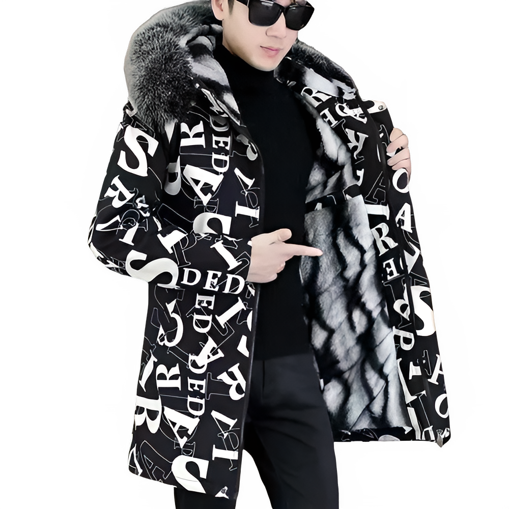 Cotton-Padded Coat Winter Jacket Men's Parkas ashionable Mid-Length Thickened Jacket Brand Letter Print Fur collar