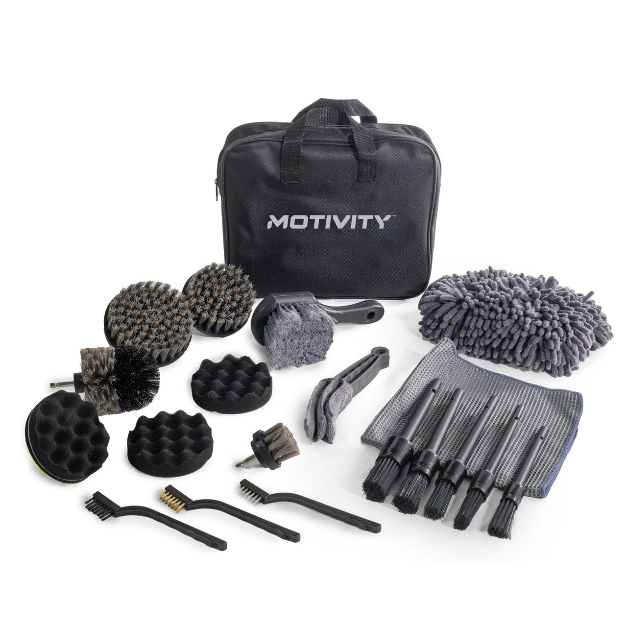 MOTIVITY 21-Piece Car Detailing Kit, Includes Drill Brush Attachment Set, Detail Brushes, Wash Mitt, Drying Towel, and Wheel & Tire Brush