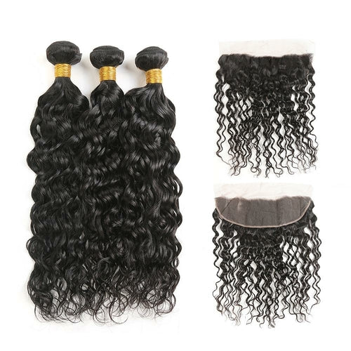 10A Grade 3/4 Water Wave Human Hair bundles with  4x4 Closures & 13x4